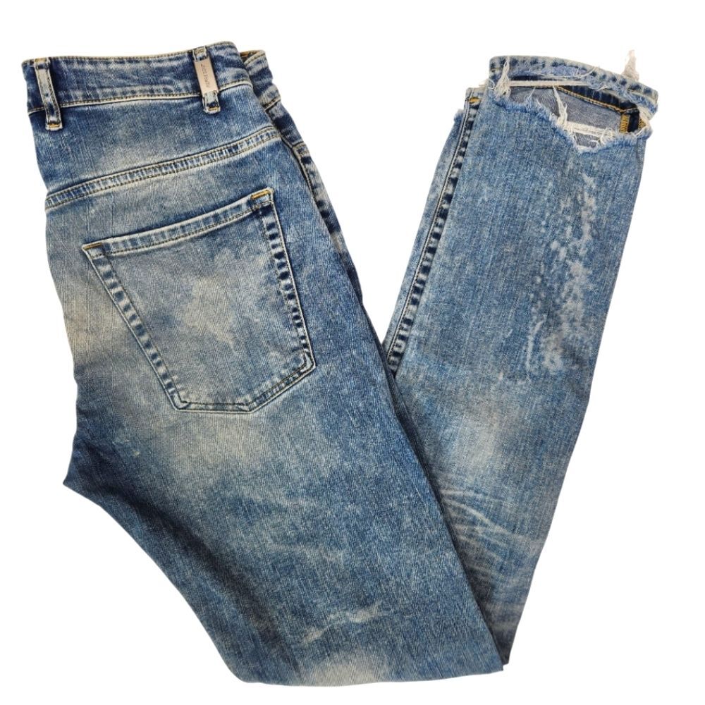 Represent Mens Work Blue Distressed Hem Faded Skinny Jeans 32